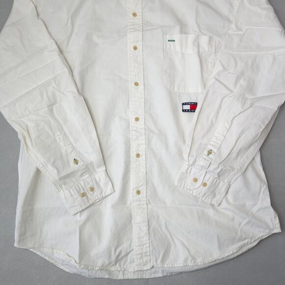 Tommy Jeans Mens Band Collar Button Front Shirt Large Off White - Picture 2 of 7